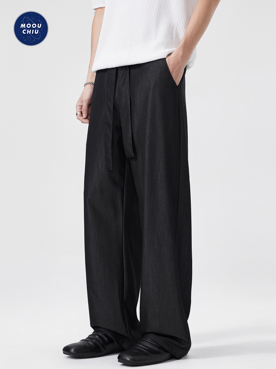 Muqiu Men's Wear | Old Money Style Black Raw Denim Imitation Jeans Casual Pants Men's American Commuter Wide-Leg Draped Trousers