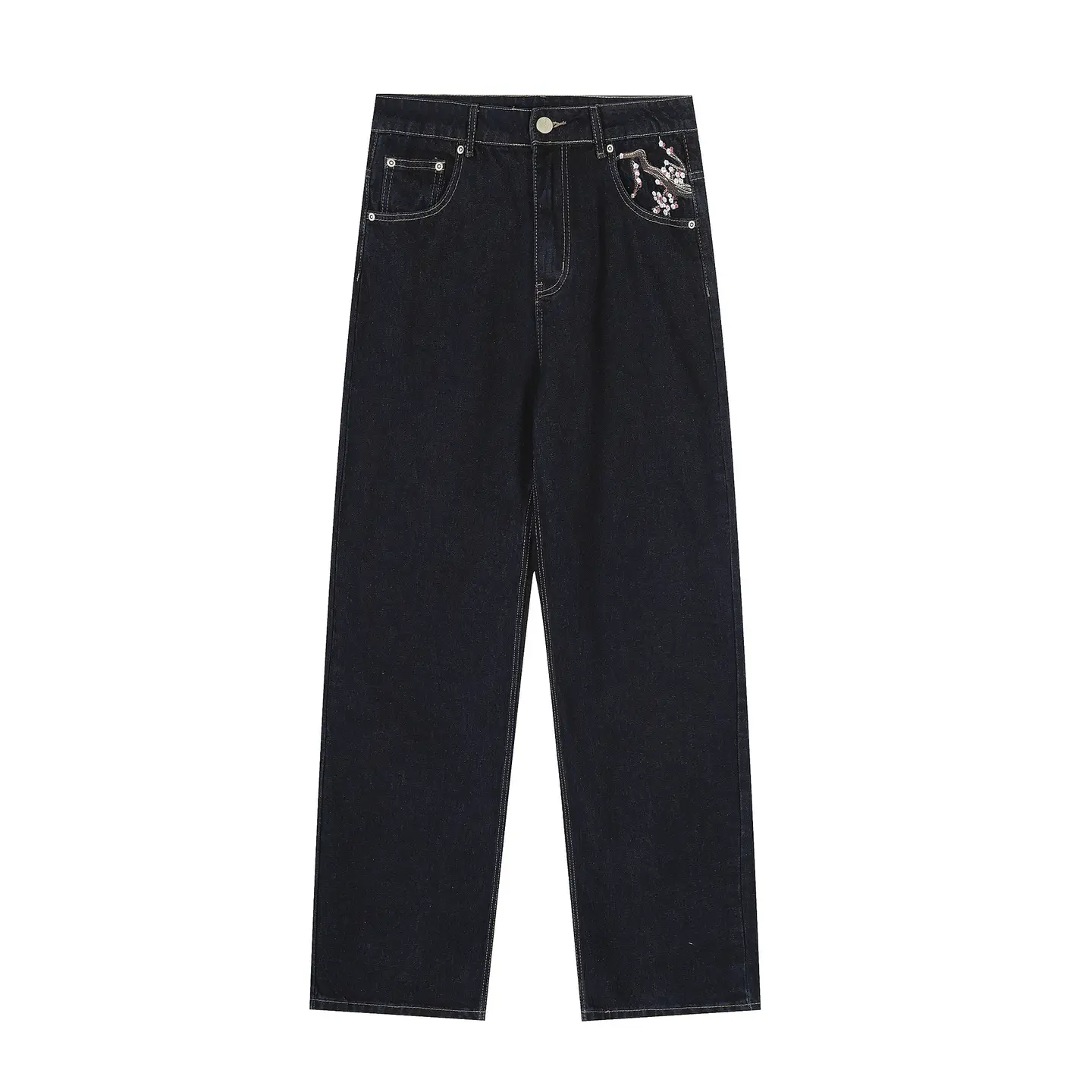 Derschutze European and American Retro Plum Blossom Embroidered Straight Pants for Men and Women, Versatile Stylish Street Trendy Jeans Cross-Border