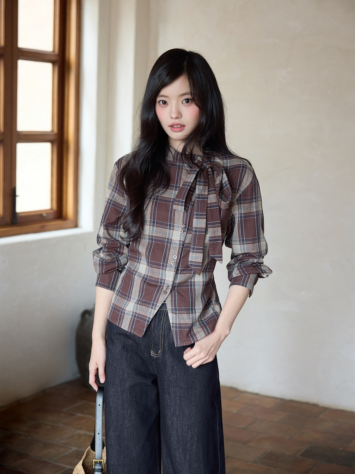 Ximeng 2026 New Spring Unique and Beautiful Blouse, Stylish Top, Niche Trendy Gray-Brown Plaid Long-Sleeve Shirt