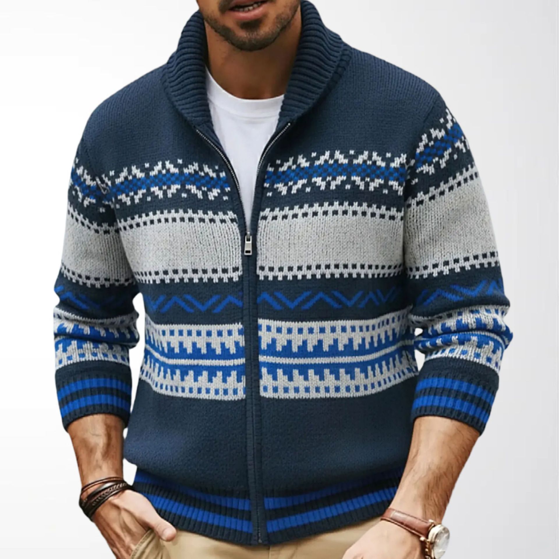 Amazon Men's Clothing European and American Ethnic Style Retro Jacquard Knitwear Autumn and Winter Thickened Zipper Cardigan Sweater Sy0022