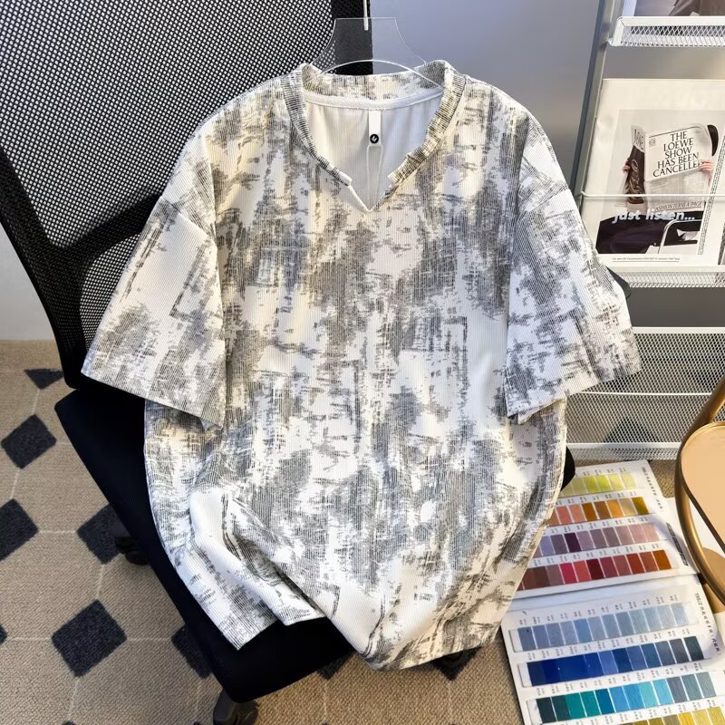 White Gradient Tie-Dye V Neck Short-Sleeved Men's Summer American Retro Heavy T-Shirt Lazy Style Loose Couple Half-Sleeved