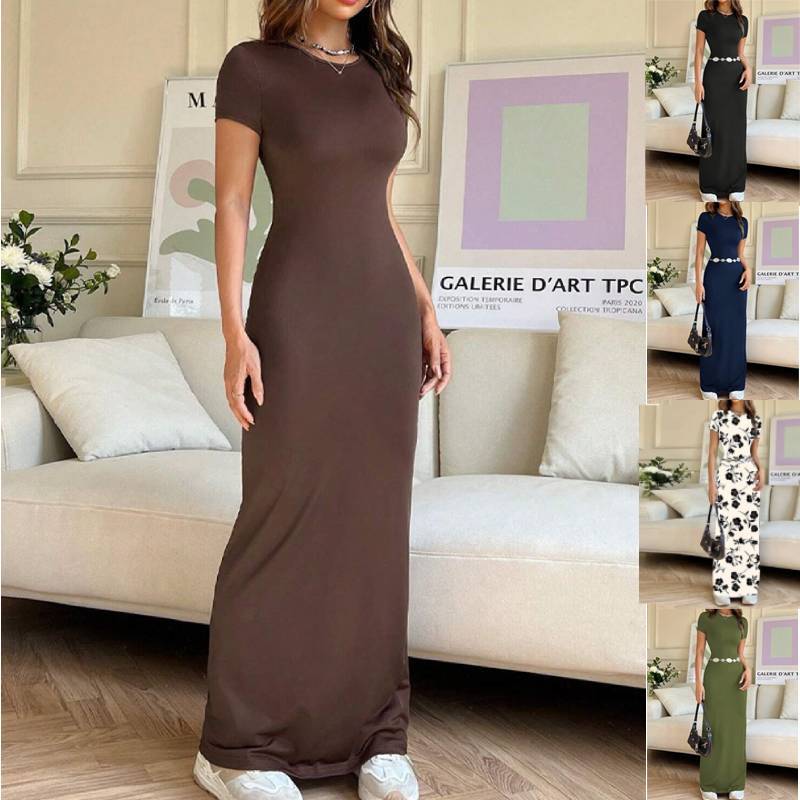 European and American Cross-Border New Amazon Women's Fashion 2025 Spring/Summer Foreign Trade Solid Color Elegant Slim-Fit Short-Sleeve Dress