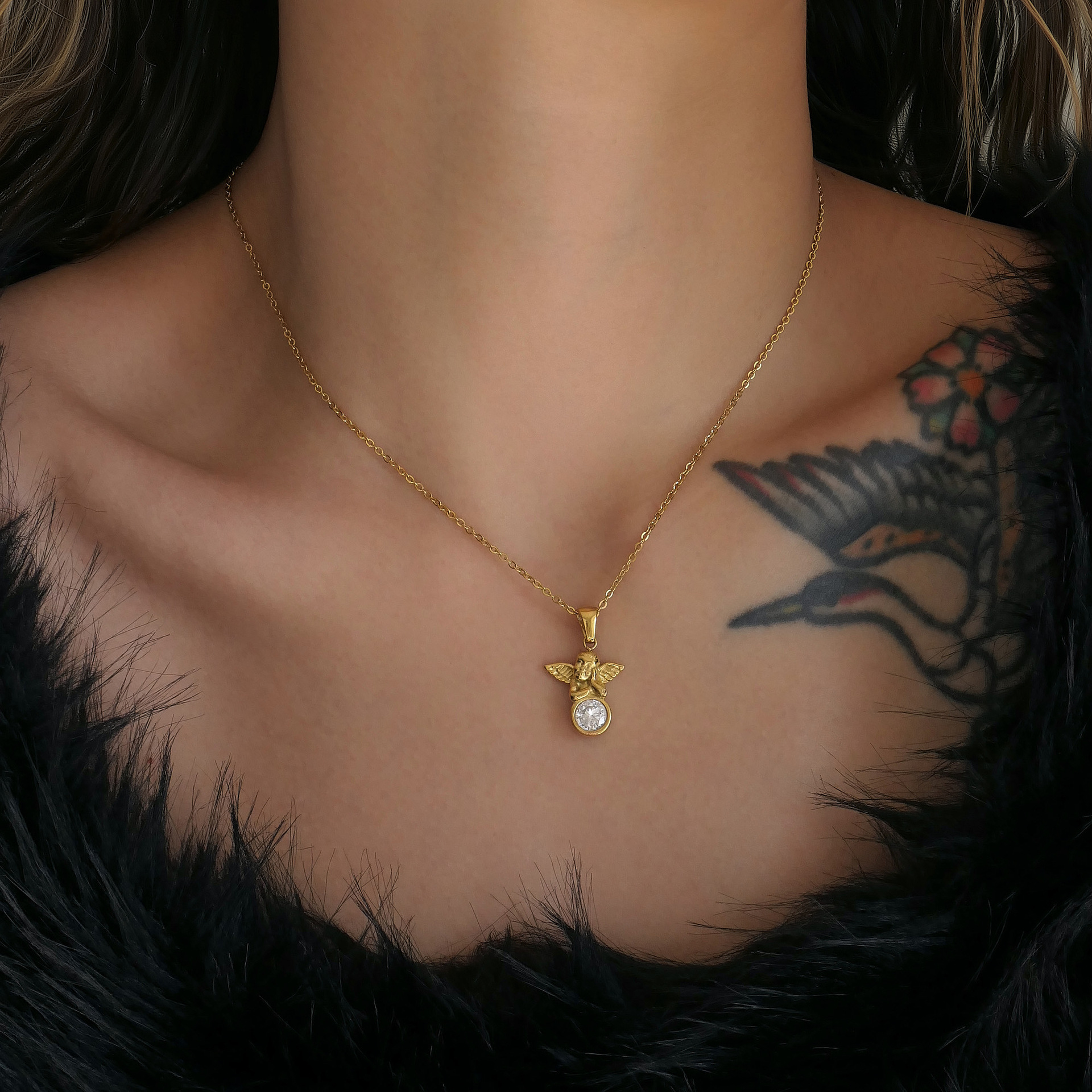Dazan Japanese and Korean Style Ins Sweet and Cute Style 18K Real Gold Electroplated Titanium Steel Cross Chain Angel Baby Pendant Necklace