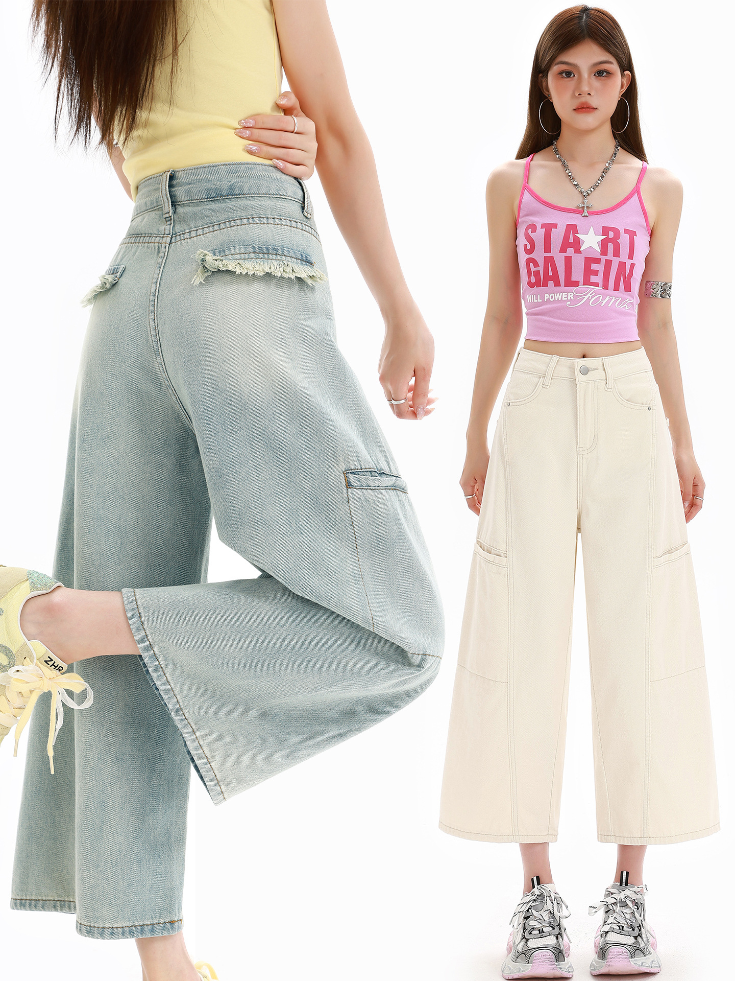 Light Blue Vintage Workwear-Style Pocket Washed High-Waisted Slimming Straight-Leg Jeans for Women, Cropped Design, Loose Fit for Petite Sizes