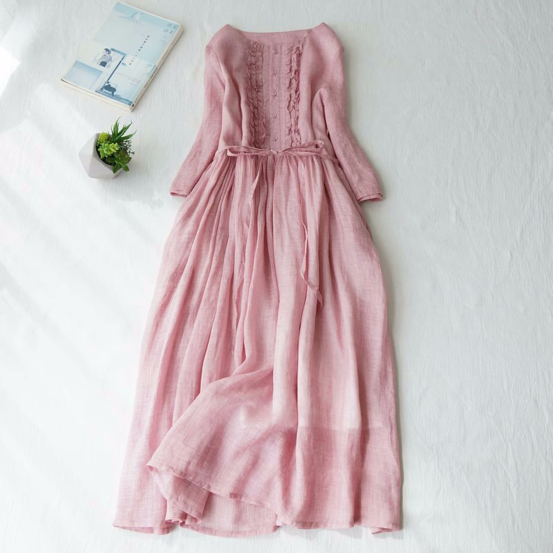 Counter Tail Goods Women's Summer Ramie Short-sleeved Elegant Age-reducing Fungus Dress Linen Large Size Large Swing Skirt Q21