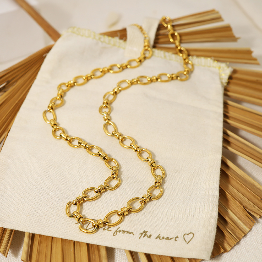 Chunky Round Cuban Chain Necklace 18K Gold-Plated Versatile Clavicle Chain Women's Hip-Hop Chain Single-Layer Stainless Steel Necklace