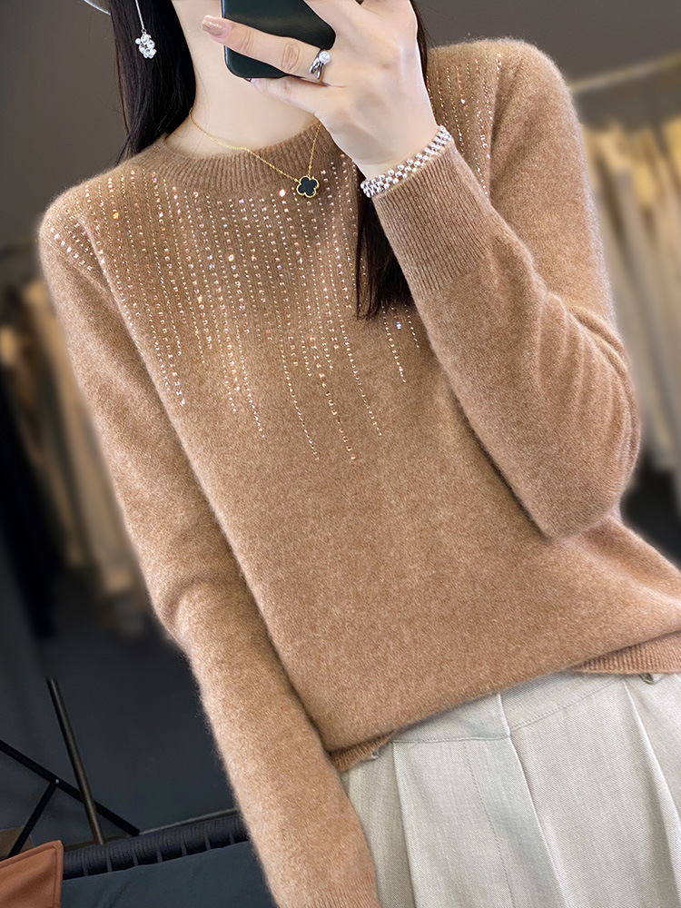 Cross-border wholesale 24 autumn and winter new women's first-line clothing round neck rhinestone fashion short knitted base shirt sweater
