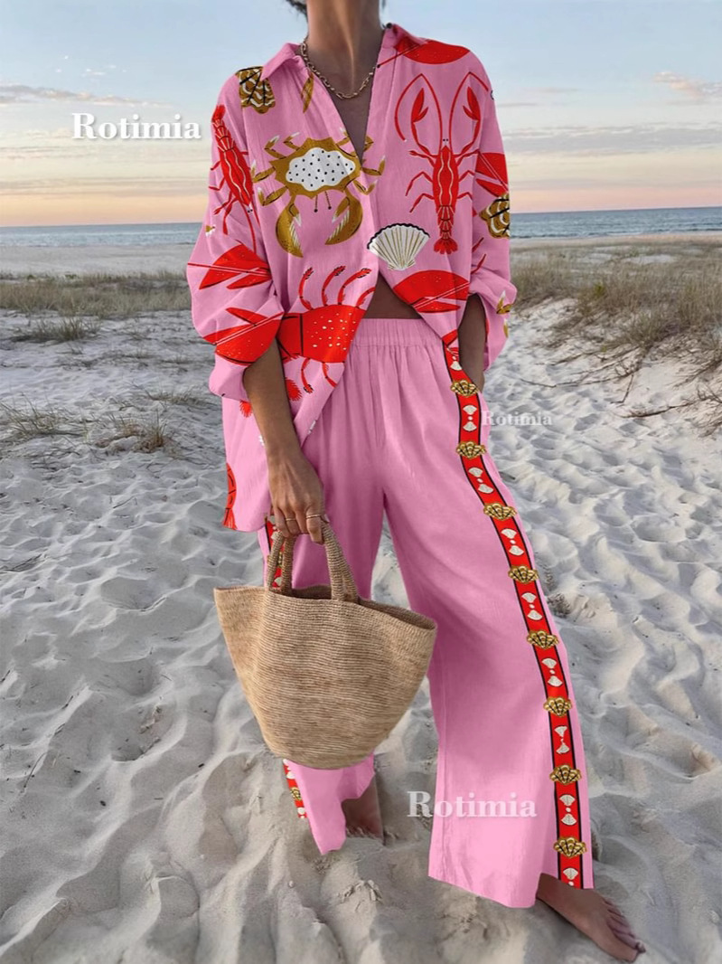 Cross-Border Tik Amazon Temu Aliexpress 3D Digital Flower Women's Hawaiian Resort Style Shirt Casual Suit