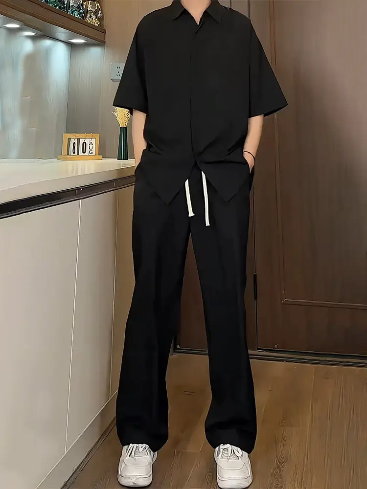 Cool and Handsome Outfits for Boys Suit Summer Ice Silk Short-Sleeved shirt Suit Pants with Drapey and High-End Feel, Handsome Set Matching