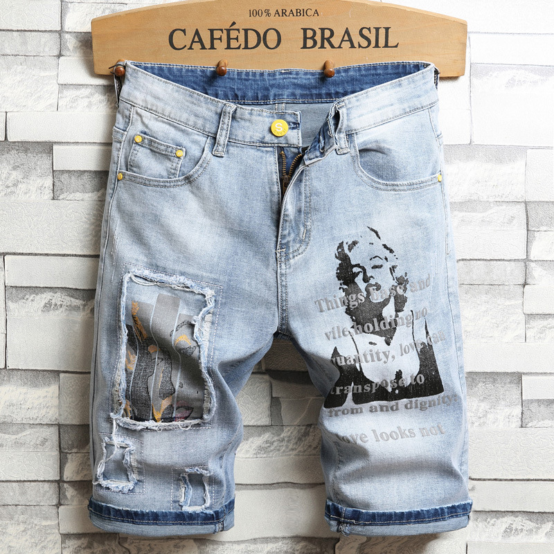 Japanese Style Trendy Brand Patch Printed Denim Shorts Men's Small Straight Loose Breeches Korean Style Summer Men's Denim Pants