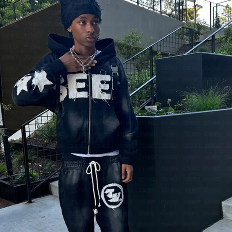 European and American Cross-Border 2025 New Retro Y2K Letter Patch Embroidery Zipper Hooded Sweatshirt High Street Sweatpants Set