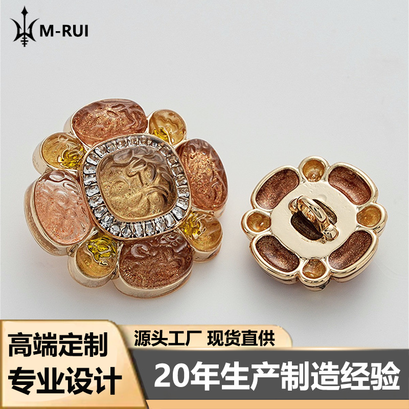 Chanel-Style Resin Buttons with Rhinestones, High-End Floral Sweater, Fur, Tweed Trench Coat, Coat with Metal Buttons