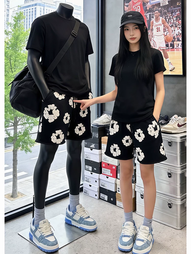 Black Kapok Trendy Sports Shorts for Men, Summer American-Style Heavyweight Fitness Basketball Pants, Breathable Quarter-Length Shorts