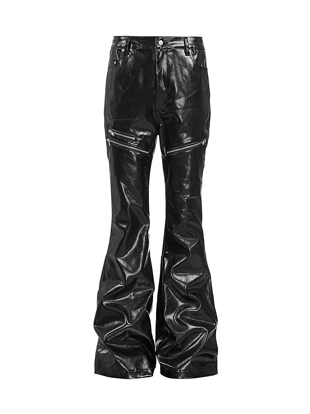 Rebel Wave【Same Style as Psy.P】Black Liquid Metal Coated Zipper Wax Pants with Slight Flare