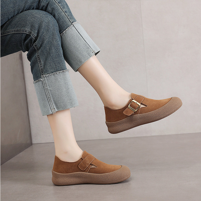 Korean-style Fashion Buckle Slip-on Burkan Shoes Women's Autumn 2024 Round Toe Genuine Leather Comfortable All-match Casual sneaker