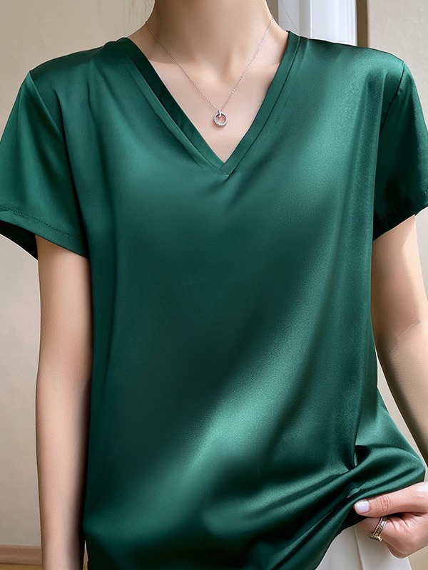 2024 Faux Silk V-Neck Round Neck Short-Sleeve Sweet and Elegant Style Versatile Inner Wear Fashionable Loose Fit
