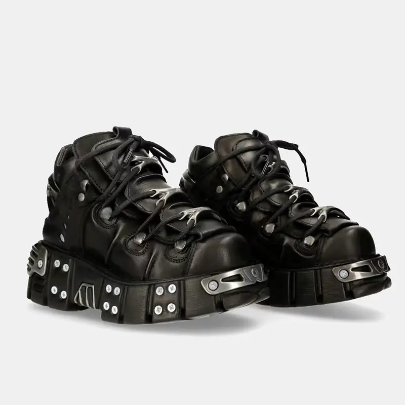 2024 Spring New Spanish Gothic Rock Leather Shoes Retro Dark Punk Style Metal Motorcycle Platform Shoes