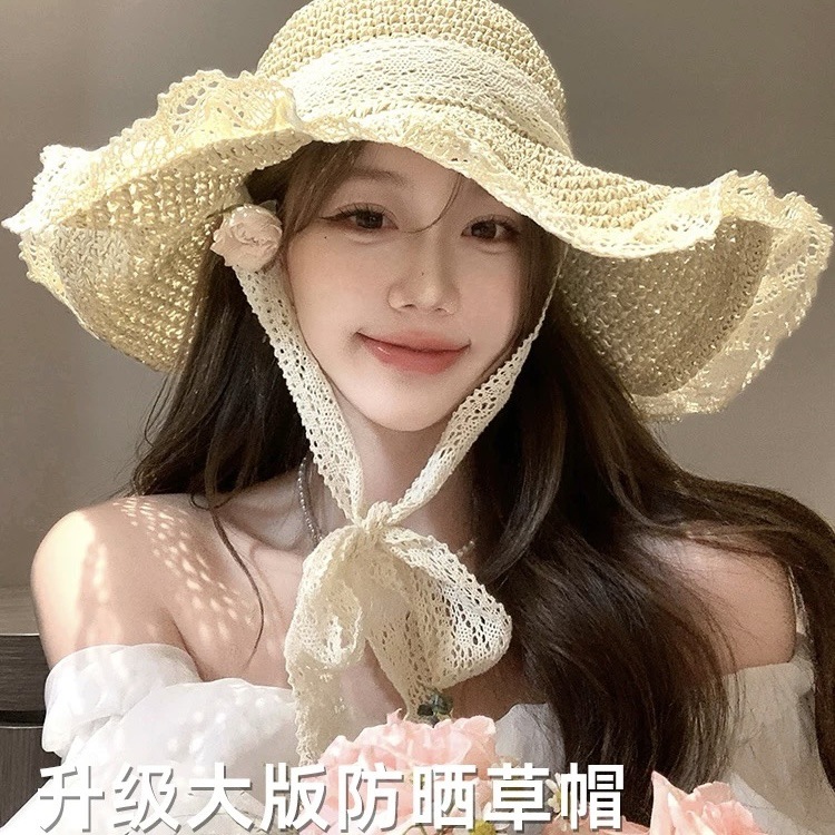 Straw Hat with Lace Trim, Hollow-Out Design, Women's Summer Sun Protection Beach Hat, Lace-Edged Sun Hat