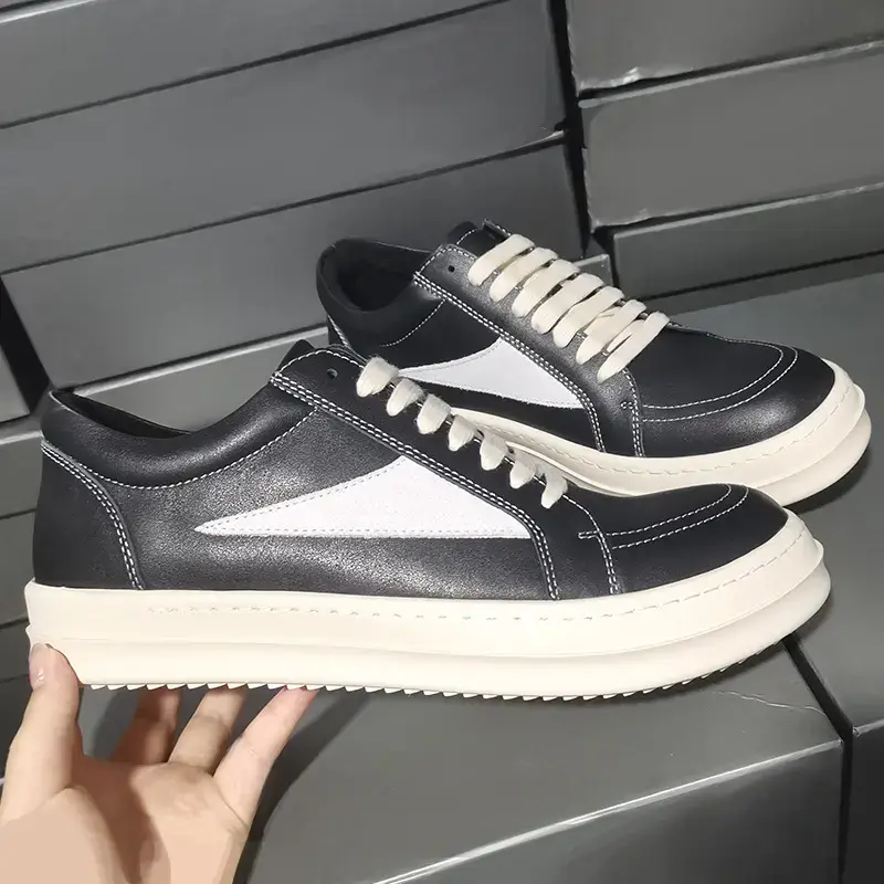 European and American Trendy Guangzhou Men's Shoes Low-Top Flats Napa Calfskin Black and White Thick-Soled Lace-Up Low-Top Men's Sneakers for Men