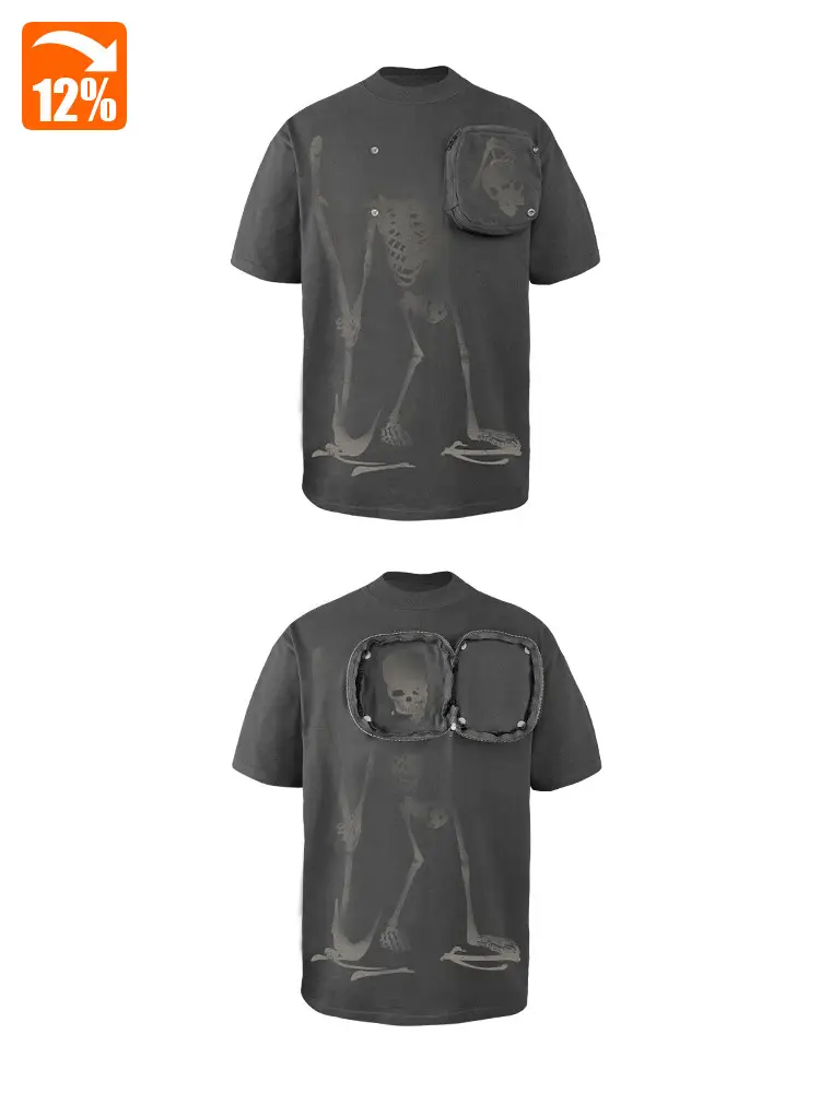 Night Lab (Nl) Kills Sadness and Is Reborn, Pocket-Friendly 260g Brushed Gray Skull Short-Sleeve T-Shirt