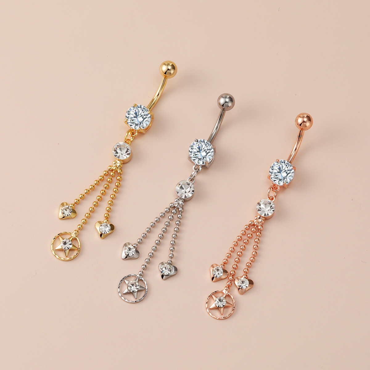 in stock Hot Sale Human Body Piercing Navel Ring Star Tassel Diamond Navel Nail European and American Fashion Love Navel Buckle
