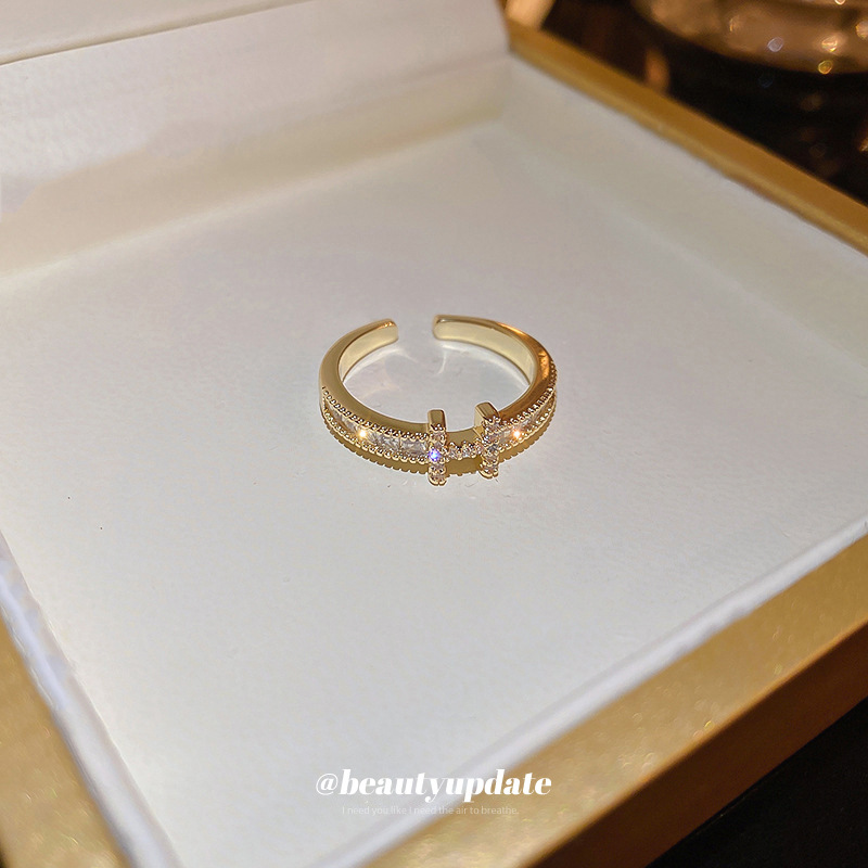 Real Gold electroplated zircon letter open ring personalized design high sense index finger ring niche temperament all-match bracelet