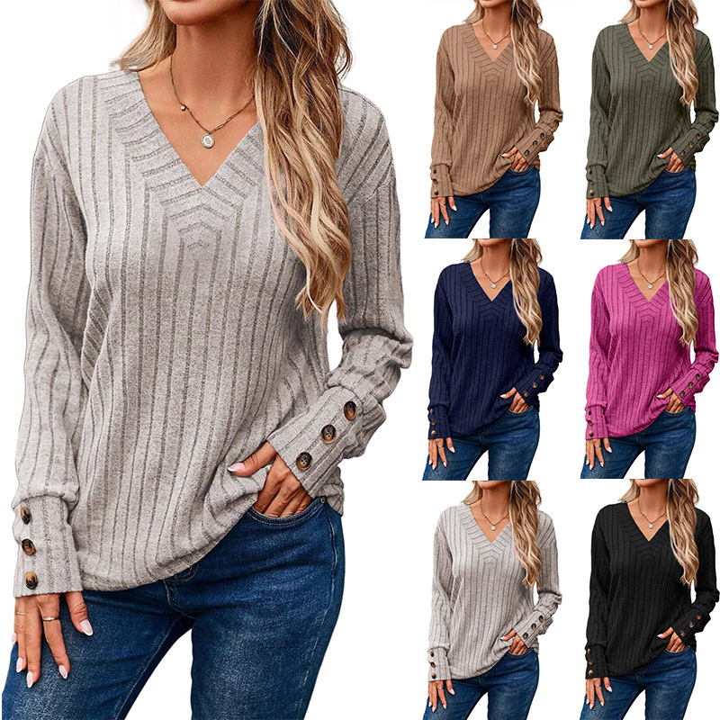 European and American Cross-Border Women's Clothing 2025 Autumn and Winter New Amazon Women's Long-Sleeved V-Neck Shirt Pure Color Button T-Shirt