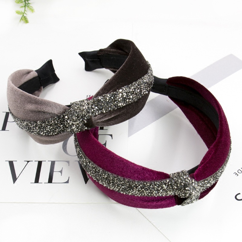 Korean style fine hairpin handmade diamond-encrusted gold velvet middle knot wide brimmed fabric lattice hairband cross headband