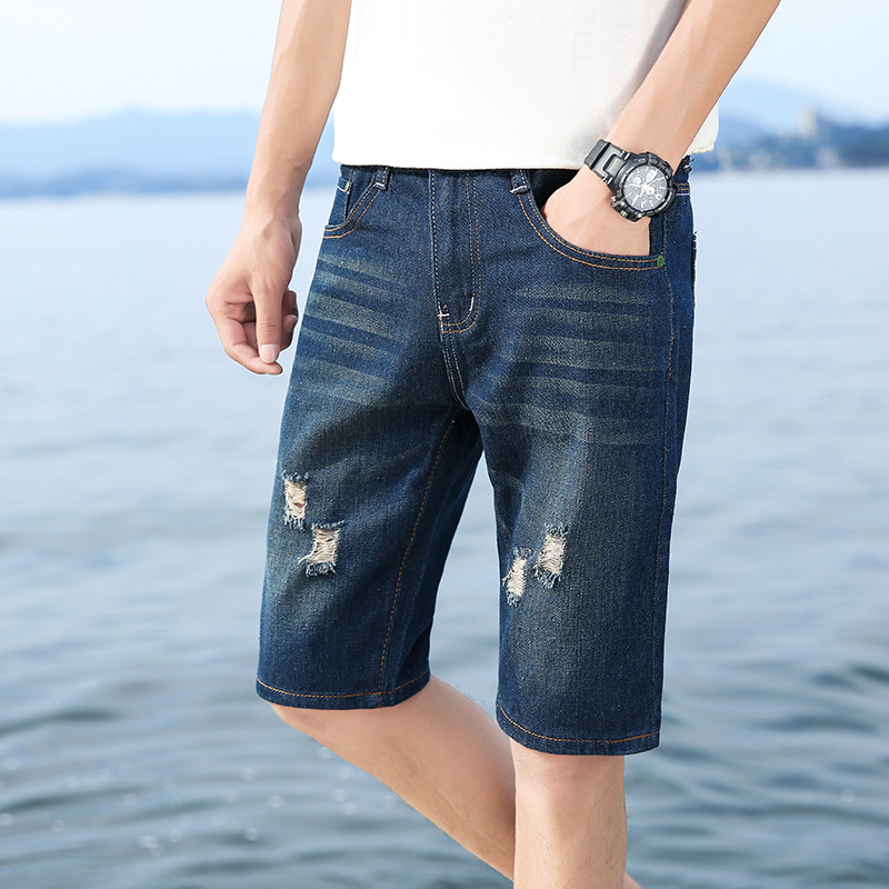 Foreign Trade Special for Men's Summer Large Size Jeans Men's Fashionable Ripped Straight 5-Minute Pants Loose Beach Pants