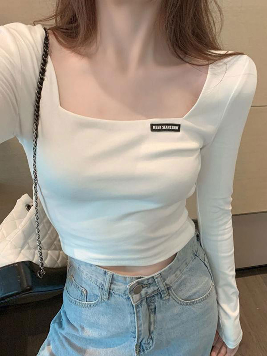 Square collar embroidered long-sleeved hot girl T-shirt women's autumn slim fit short navel bottoming shirt slim fit slimming top new