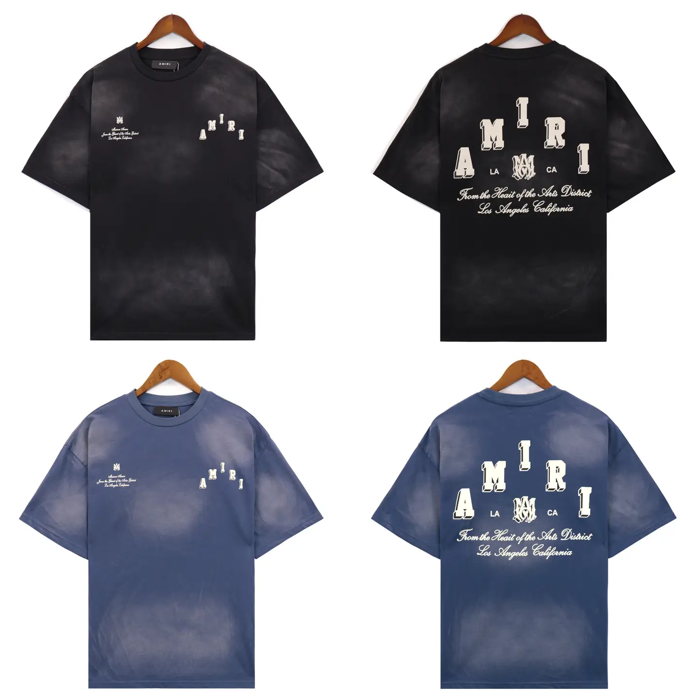 24S Cross-border European and American Fashion Brand amri Micro Label Letter Washed Old Short-sleeved T-shirt Men's and Women's American High Street Half-sleeved Shirt
