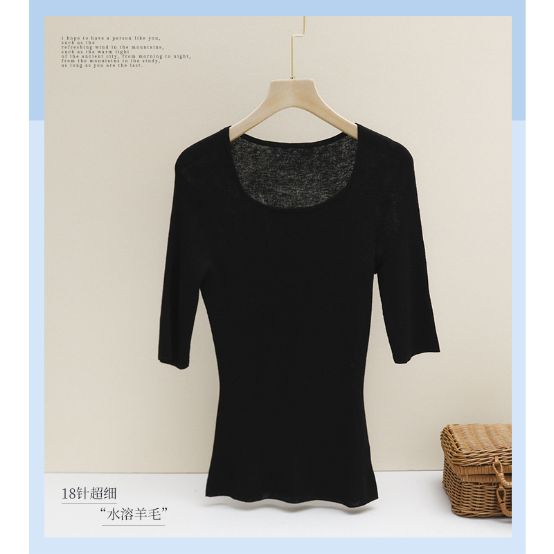 "Water Soluble Wool" 18-pin 80S Aristocratic Class Craft U-neck Slim New Summer Short Sleeve Thin T-shirt Women