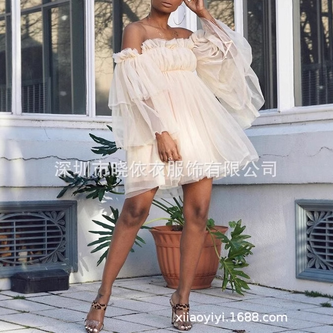 Amazon Aliexpress European and American Foreign Trade Mid-Length Skirt Solid Color High-Waisted Suspender-Style Elegant Commuter Mesh Dress with Long Sleeves
