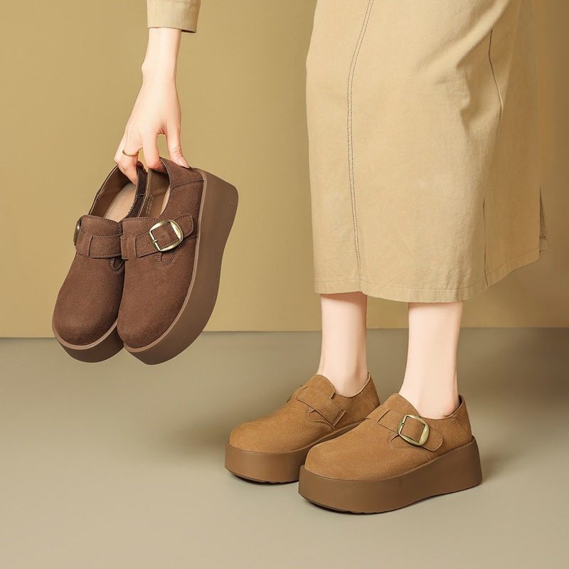Zhr【Height Increase 6.5Cm】Birkenstock Shoes for Women 2026 Spring Suede Buckle Casual Shoes Slimming Thick-Soled Loafers