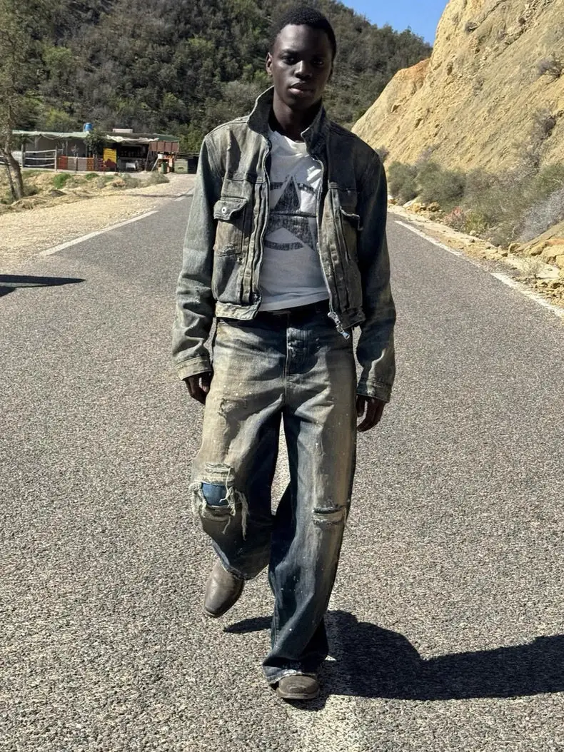 No Faith Studios Splatter Paint Distressed Loose Baggy Japanese Limited Edition Red Trim Selvedge Jeans
