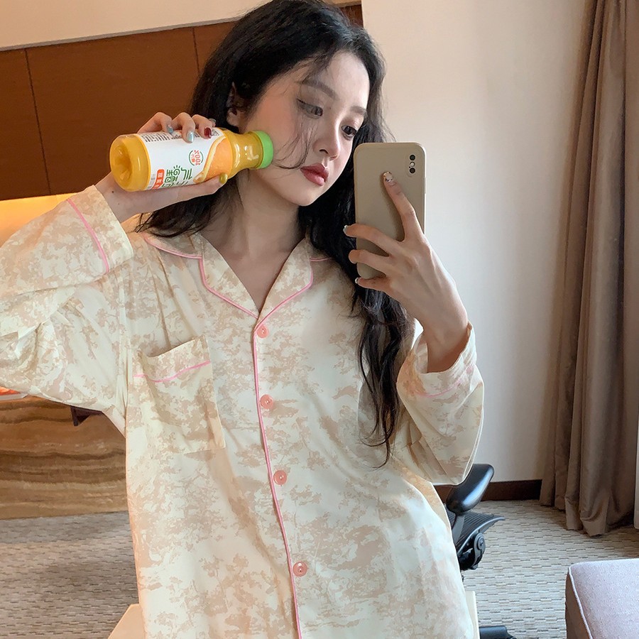2026 Spring and Summer New Style Pajamas for Women, Long-Sleeved Pants, Imitation Cotton Cardigan, Lapel Suit, National Style Printed Home Clothes for Women