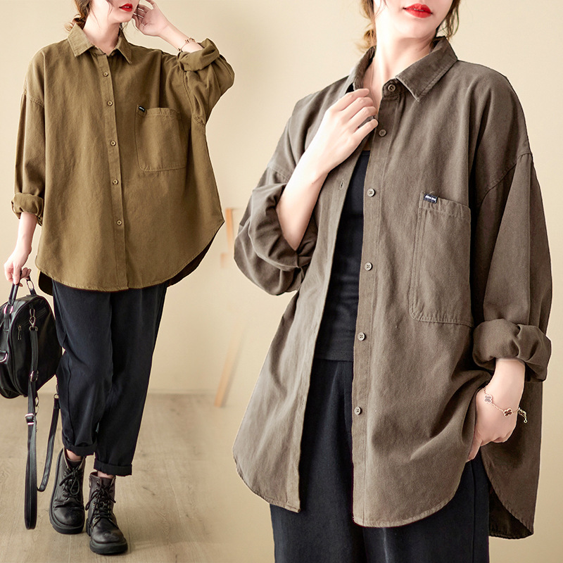 4-Color Solid Color Lapel Long-Sleeve Shirt Jacket for Women, Loose Fit, 2026 Spring New Style, Artistic Large Pocket Shirt, Trendy