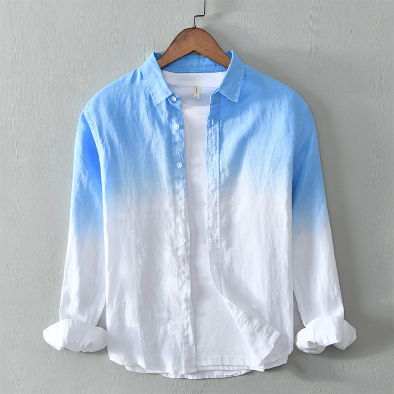 734 Japanese personality gradient shirt coat men's linen casual breathable color matching long sleeve shirt a generation of hair