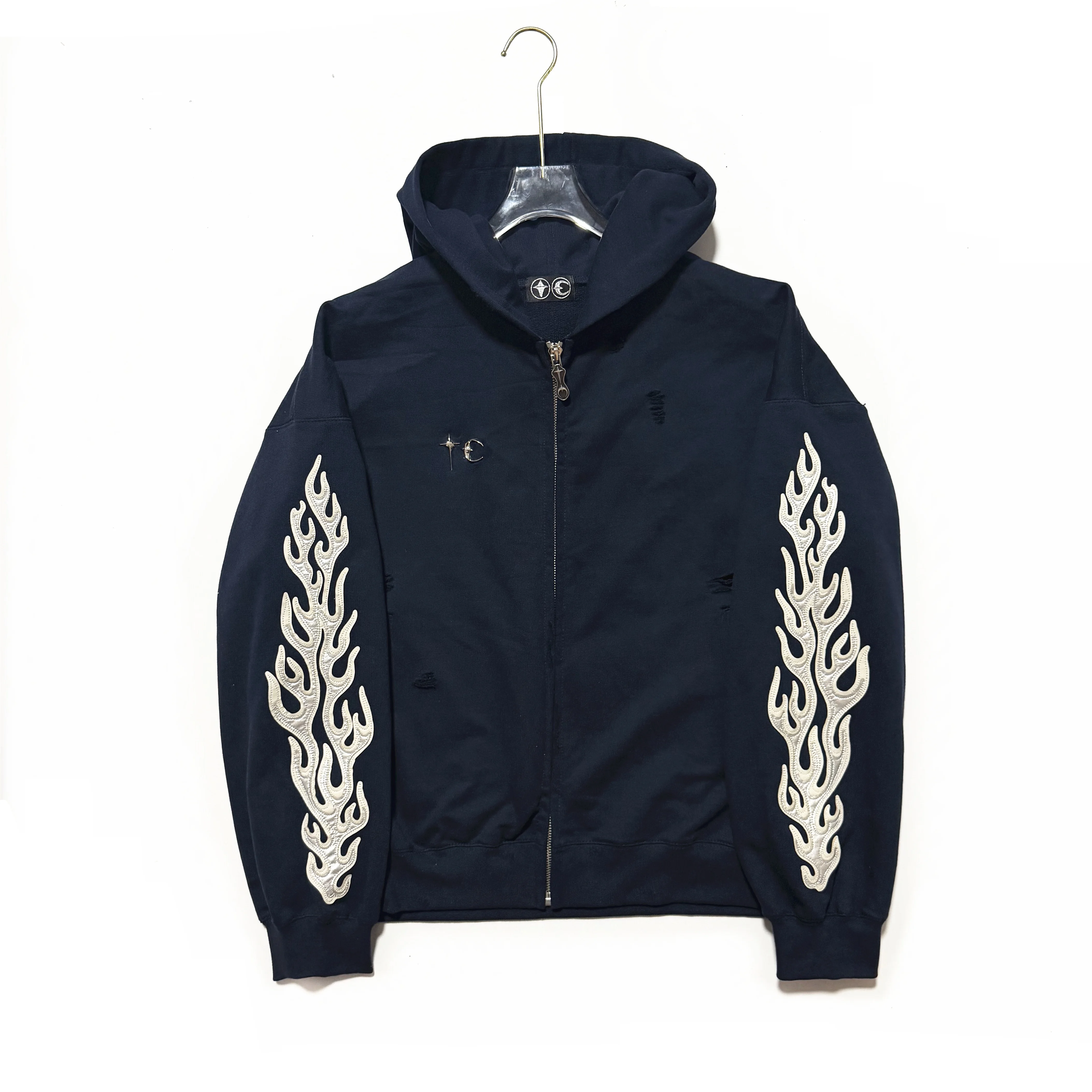 Thug flame pasting, leather embroidery, letter cutting, damage, heavy-duty fabric, washing, heavy-duty hoodie, outerwear, trendy men's and women's club