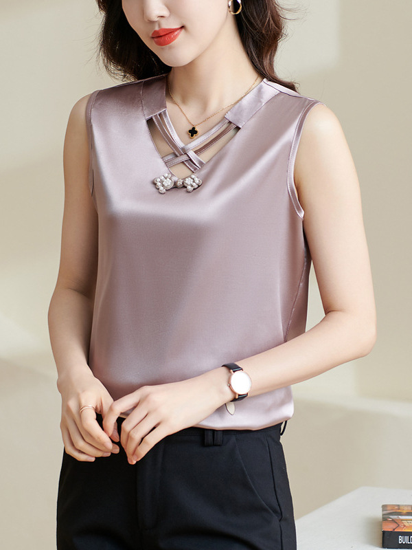 2024 Summer New Stretch Satin Slim-Fit Slimming Vintage Buckle Inner Wearing Large Size Outer Wearing Base Shirt Women's Spot