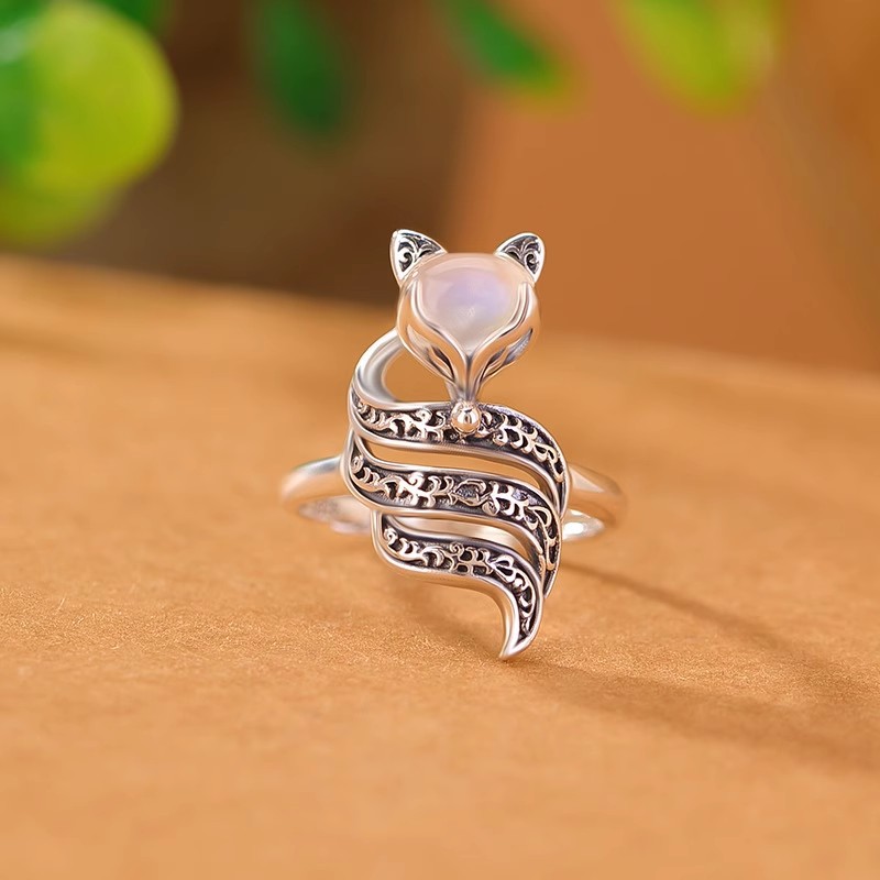Fox Open-mouth Ring for Women Retro Thai Silver Ethnic Style Artistic Temperament Beaver New Nine-tailed Fox Open-mouth Ring for Women