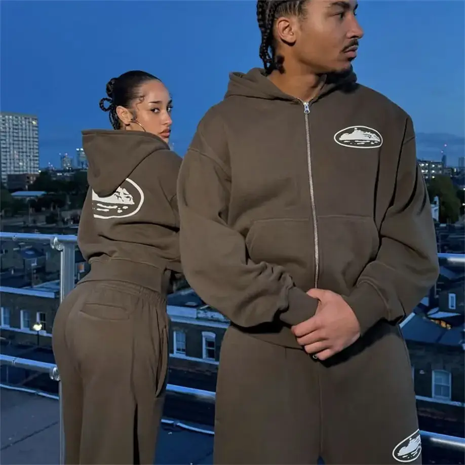 Corteiz Alcatraz Print Foam Hooded Sweatshirt and Sweatpants American Trendy Street Hip-Hop Casual Sports Suit