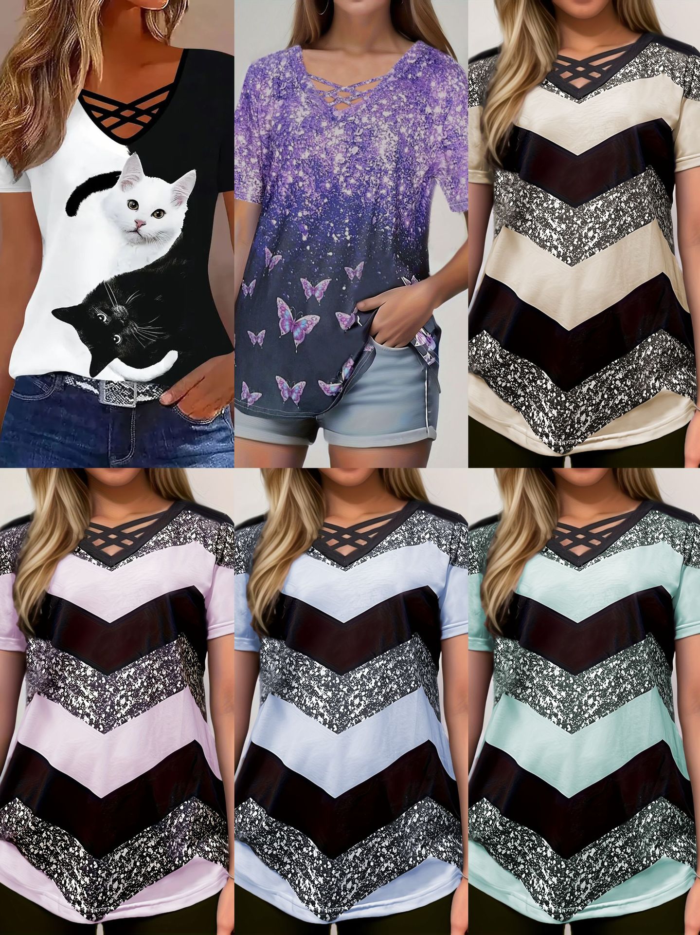 European and American 2025 Amazon TEMU Spring and Summer Explosions Color Crossover V-neck Striped Elegant Casual Short-sleeved T-shirt for Women