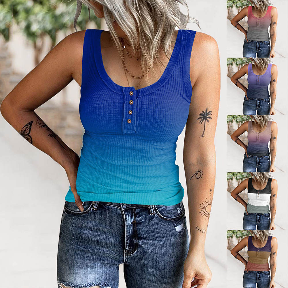 Europe and the United States cross-border 2025 Amazon summer new women's button thread gradient printing vest T-shirt top