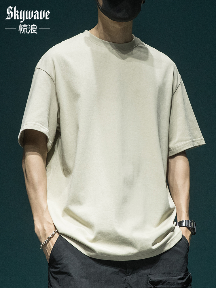 Japanese 280g Heavy Short Sleeve T-shirt Men's Simple All-match Loose Plus Size Solid Color Couple Half Sleeve Top