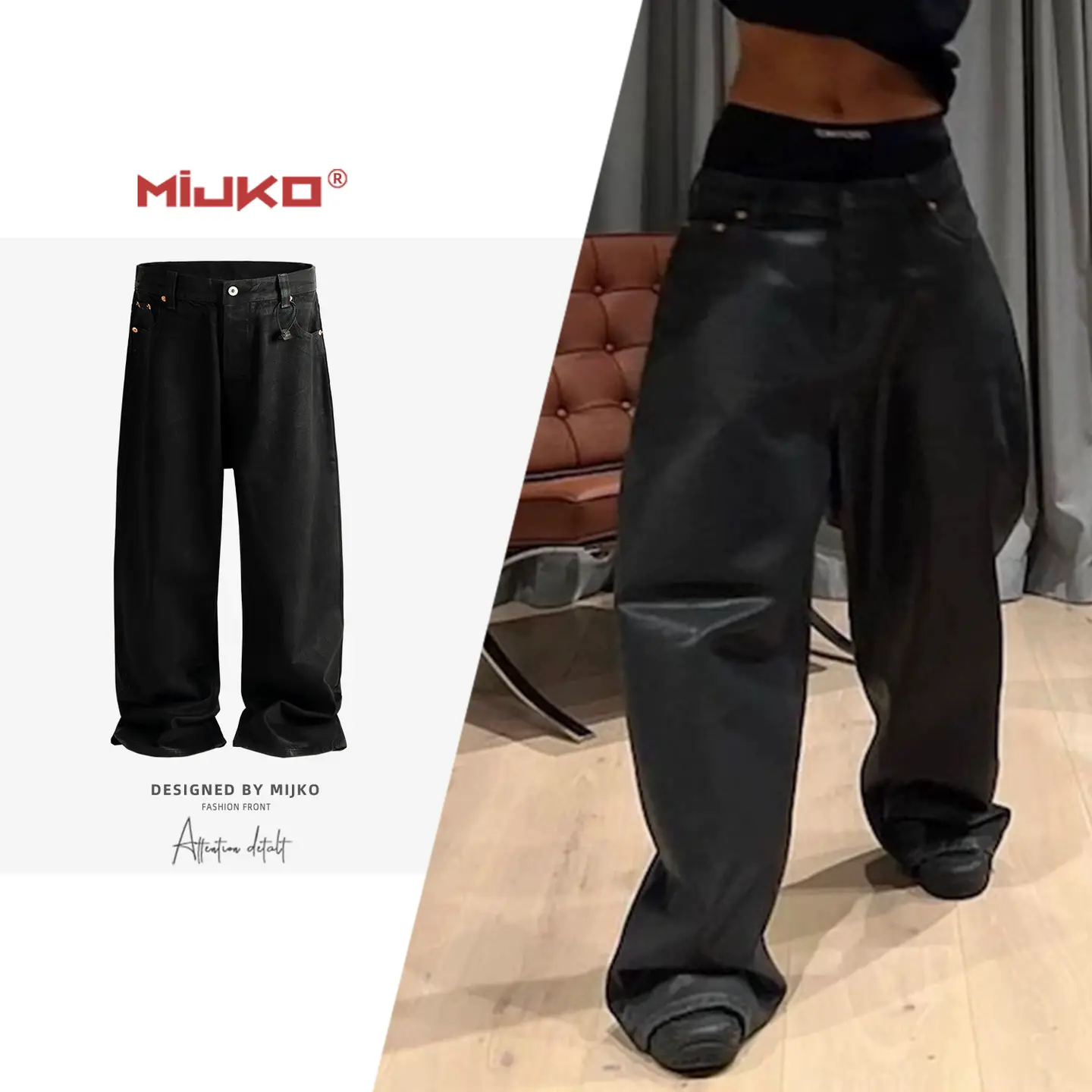RO Style Dark High Street Black Brush Wax Coating Profile Denim Men and Women Same Style Straight-leg American Style Neutral pants Trendy