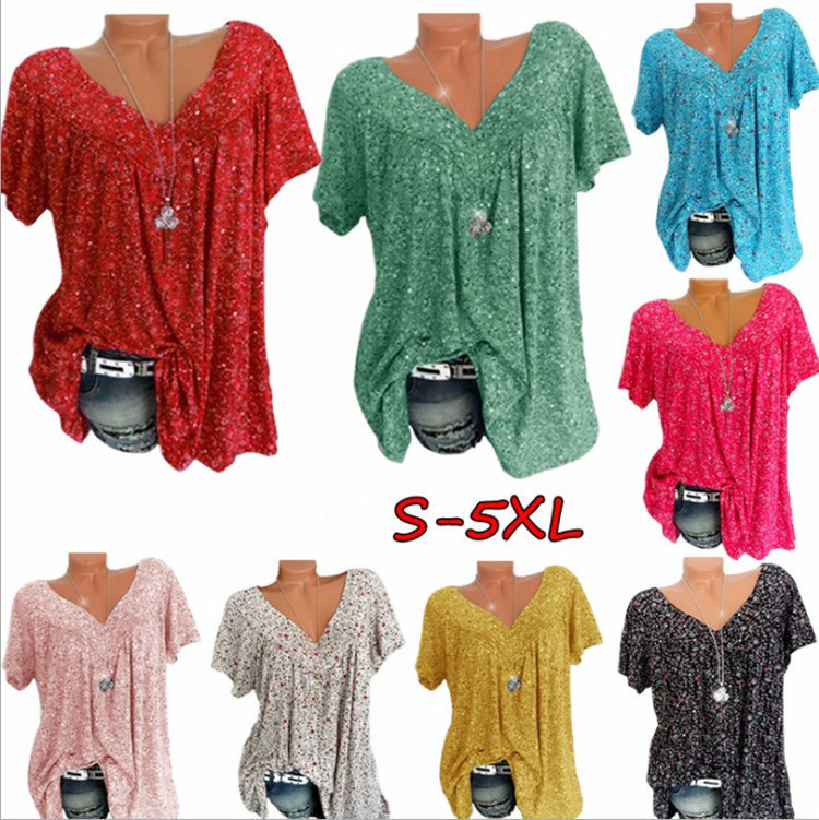 New Cross-Border European and American Clothing Summer Wish Amazon Ebay Popular V Neck Loose Short-Sleeved Printed T-Shirt Top