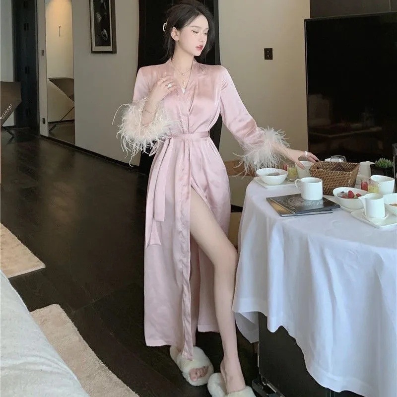 Pure sexy pajamas suit women's summer 2025 new nightgown long sleeve bathrobe home clothes