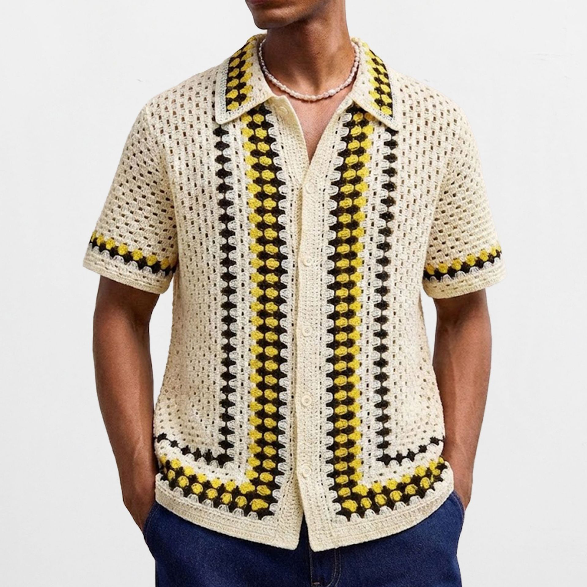 Summer Casual Ethnic Style Crochet Hollow-Out Knitted Shirt Holiday Style Casual Polo Shirt Foreign Trade Men's Clothing Sy0130
