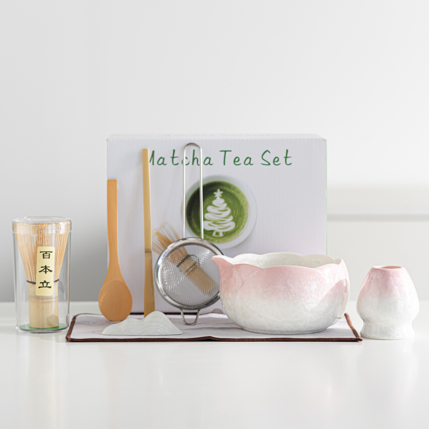 Flower-Patterned Ice Crystal Glaze Matcha Bowl, Kiln-Fired Ceramic Matcha Tea Set, Tea Whisk, Eight-Piece Tea Set